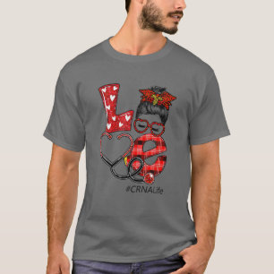 CRNA Nurse Plaid Leopard Love Heart Messy Bun RN N T-Shirt