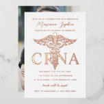 CRNA Nursing Graduation Gold Foil Invitation<br><div class="desc">Real gold foil! Editable initials,  CRNA and caduceus medical symbol on custom color background. Works as both a graduation party invitation or a graduation announcement. Photo on the back is optional. Choose your foil color,  gold,  silver or rose gold. Future plans or more photos to the back.</div>