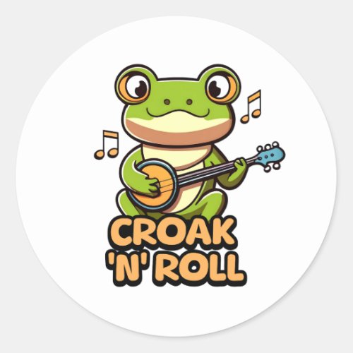 Croak N Roll Cute Banjo Playing Frog Cartoon Classic Round Sticker