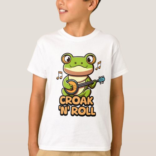 Croak N Roll Cute Banjo Playing Frog Cartoon T_Shirt