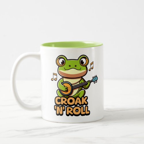 Croak N Roll Cute Banjo Playing Frog Cartoon Two_Tone Coffee Mug