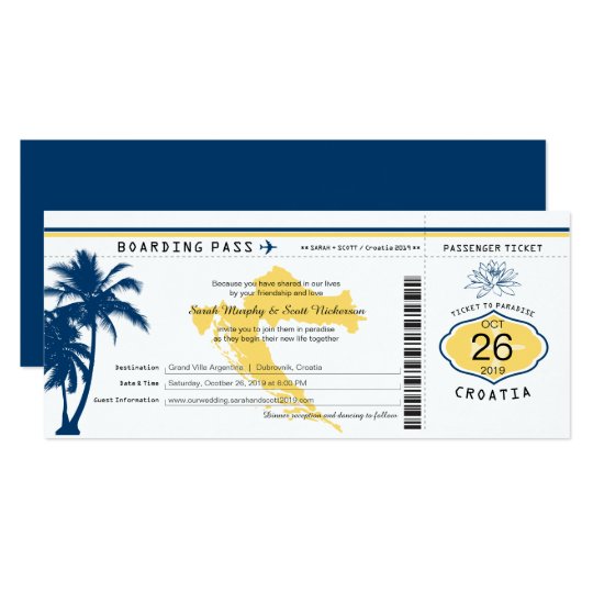 Croatia Boarding Pass Blue and Yellow Wedding Invitation | Zazzle.com