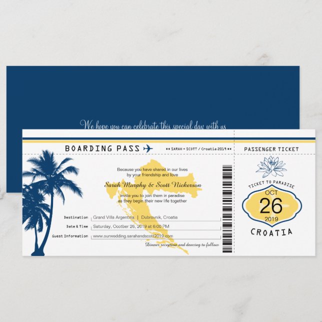 Croatia Boarding Pass Blue and Yellow Wedding Invitation (Front/Back)