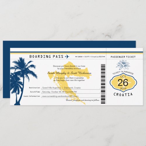 Croatia Boarding Pass Blue and Yellow Wedding Invitation