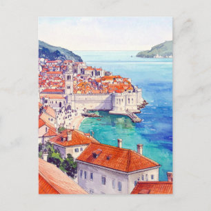 Croatia Dubrovnik Coastal Vintage Watercolor Postcard