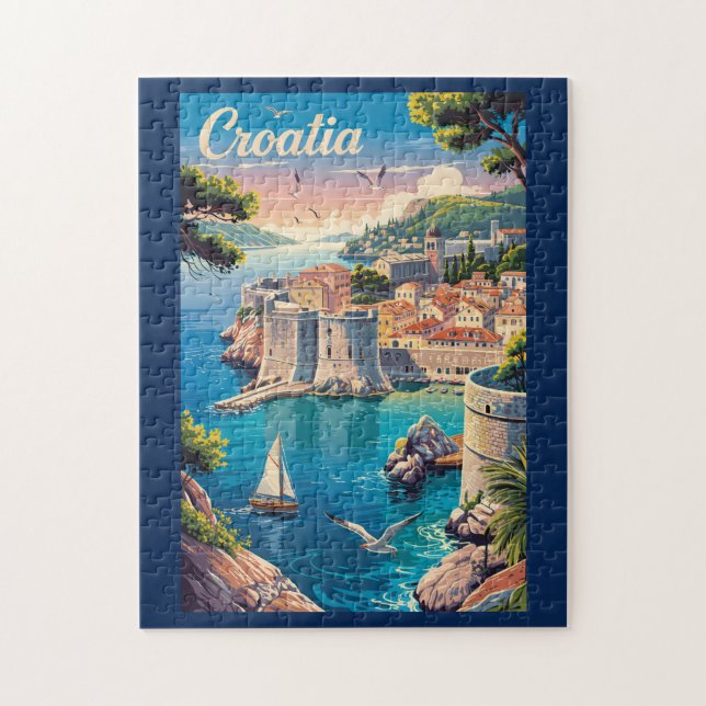 Croatia Dubrovnik Illustration Travel Art Vintage Jigsaw Puzzle (Vertical)