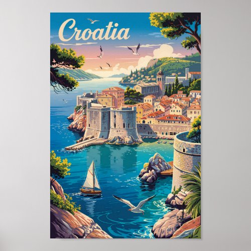 Croatia Dubrovnik Illustration Travel Art Vintage