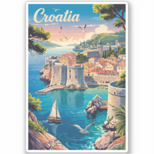 Croatia Dubrovnik Illustration Travel Art Vintage Sticker