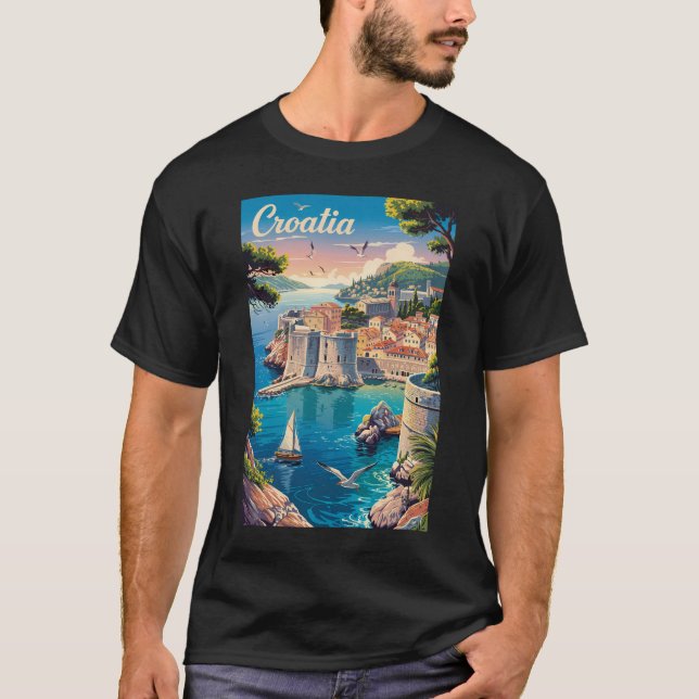 Croatia Dubrovnik Illustration Travel Art Vintage T-Shirt (Front)