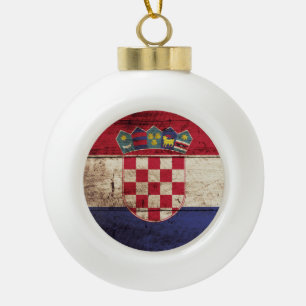 Croatia Flag on Old Wood Grain Ceramic Ball Christmas Ornament