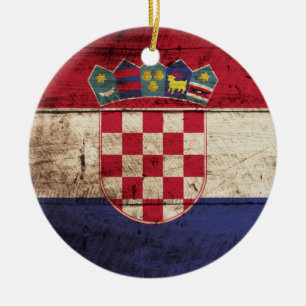Croatia Flag on Old Wood Grain Ceramic Ornament