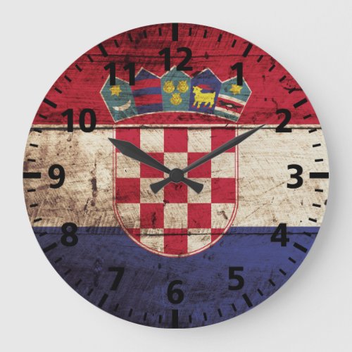 Croatia Flag on Old Wood Grain Large Clock