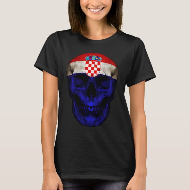 Croatia Flag Skull Croatian Roots Proud Patriotic T-Shirt (Front)