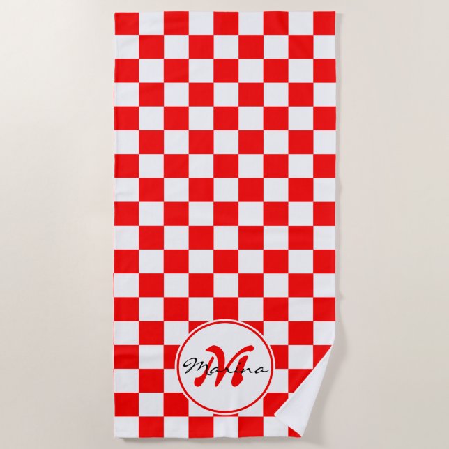 Croatia | Hrvatska | Checkered Name Monogram Beach Towel (Front)