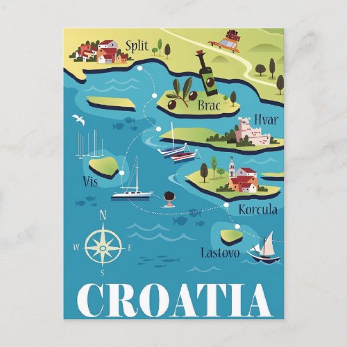 Croatia Illustrated Map Postcard