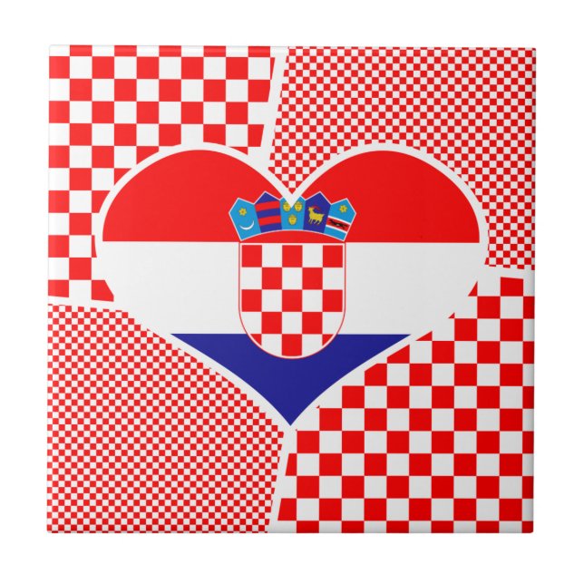 Croatia in Heart with Red White Checkers Ceramic T Tile (Front)