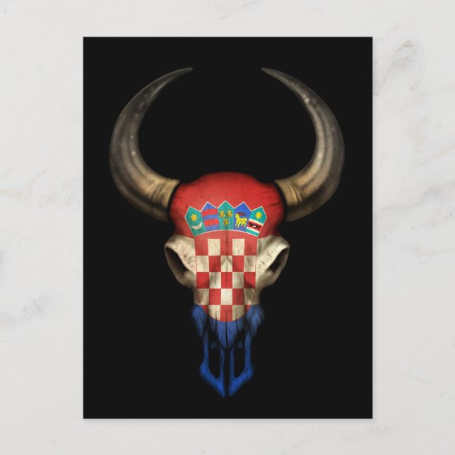 Croatian Flag Bull Skull on Black Postcard (Front)