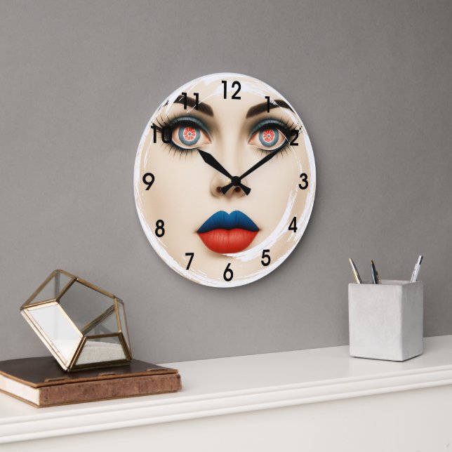 Croatian Flag Face – Eyes & Lips Pop Art Portrait Large Clock (Office)