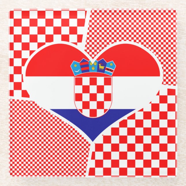 Croatian Flag in Heart Glass Coaster (Front)