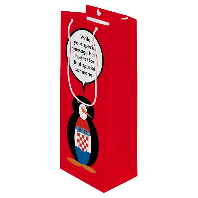 Croatian Flag Talking Ms Penguin Personalized  Wine Gift Bag (Front Angled)