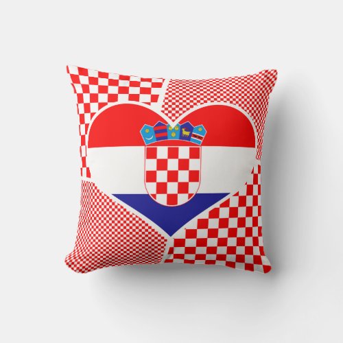 Croatian Flag with Red Checkers Heart Collage Throw Pillow