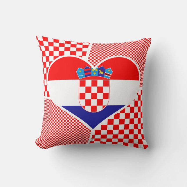 Croatian Flag with Red Checkers Heart Collage Throw Pillow (Front)