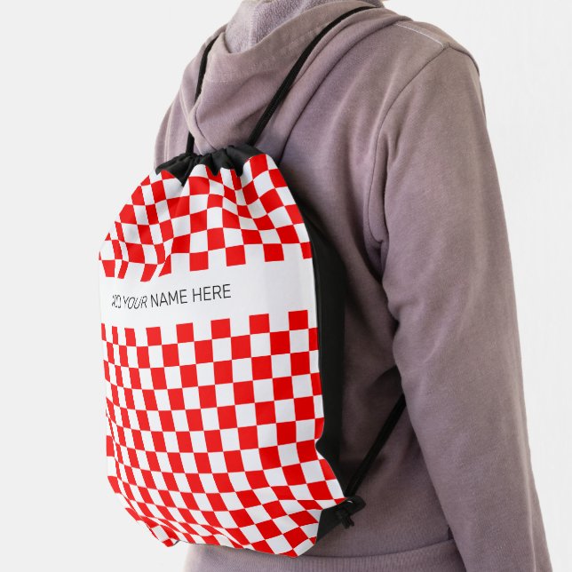 Croatian Red White Checkerboard Pattern with Name  Drawstring Bag (Insitu)