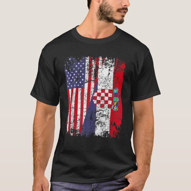 CROATIAN ROOTS Half American Flag CROATIA T-Shirt (Front)
