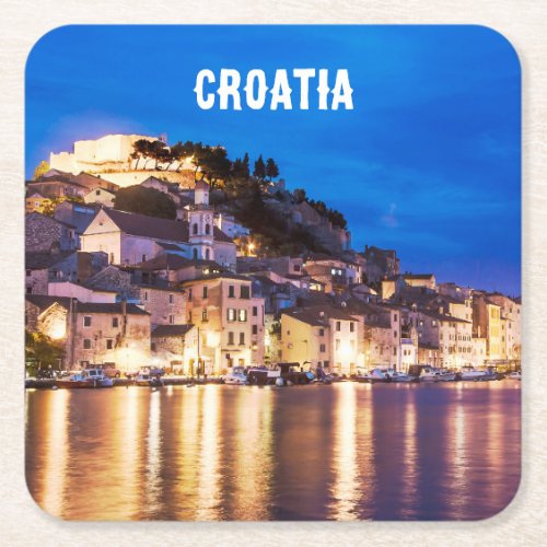 Croatian town Sibenik at night Square Paper Coaster