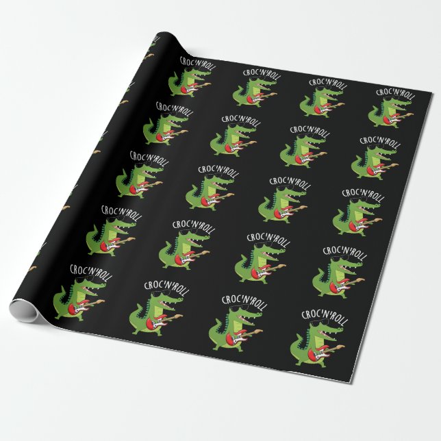 Croc N Roll Funny Crocodile Pun Dark BG Wrapping Paper (Unrolled)