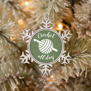 Crochet All Day • Yarn Ball & Hook Crafts Snowflake Pewter Christmas Ornament