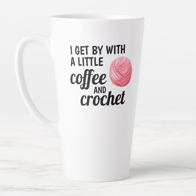 Crochet and Coffee Quote Pink Yarn Latte Mug (Left)