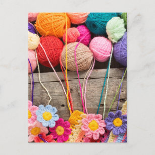 Crochet Balls of Colorful Yarn and Flowers  Postcard