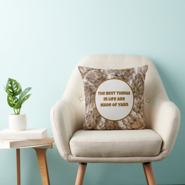 Crochet Beige Blue Crafter Knit Crafty Love Yarn Throw Pillow (Chair)