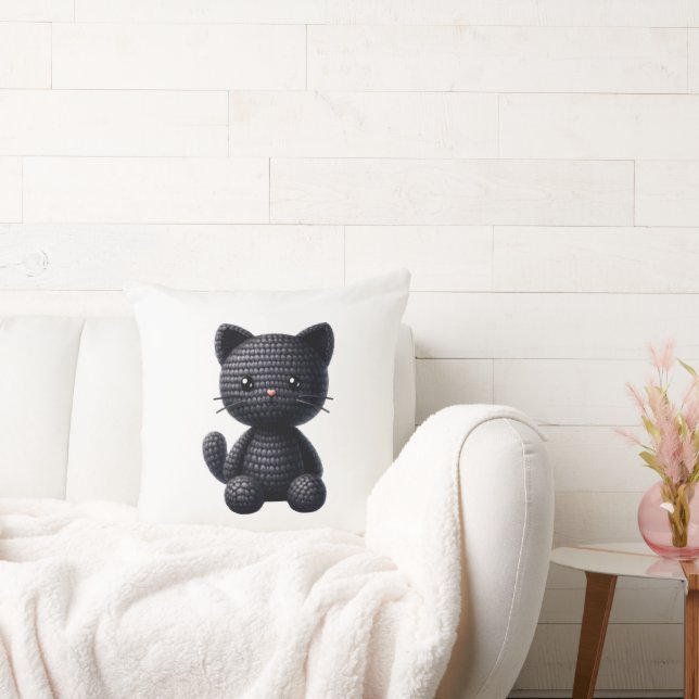 Crochet Black Kitten Throw Pillow (Couch)