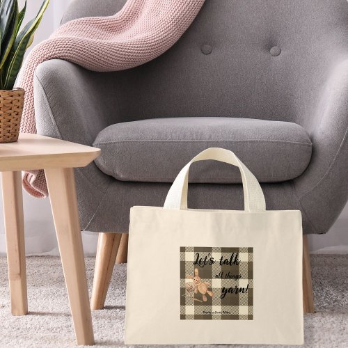 Crochet bunny plaid background lets talk yarn mini tote bag