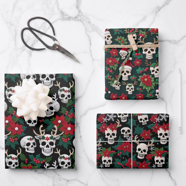 Crochet Christmas Skulls With Poinsettias Wrapping Paper Sheets (Front)