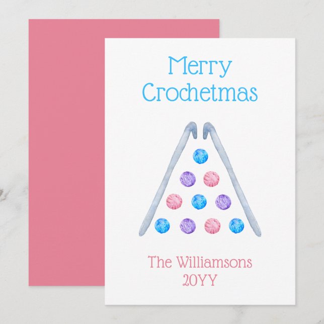 Crochet Christmas Tree Watercolor Yarn Pink Holiday Card (Front/Back)