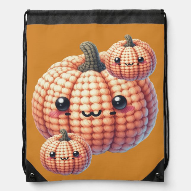 Crochet Cute Pumpkin Drawstring Bag (Front)