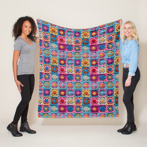 Crochet Effect Granny Square Craft Fleece Blanket