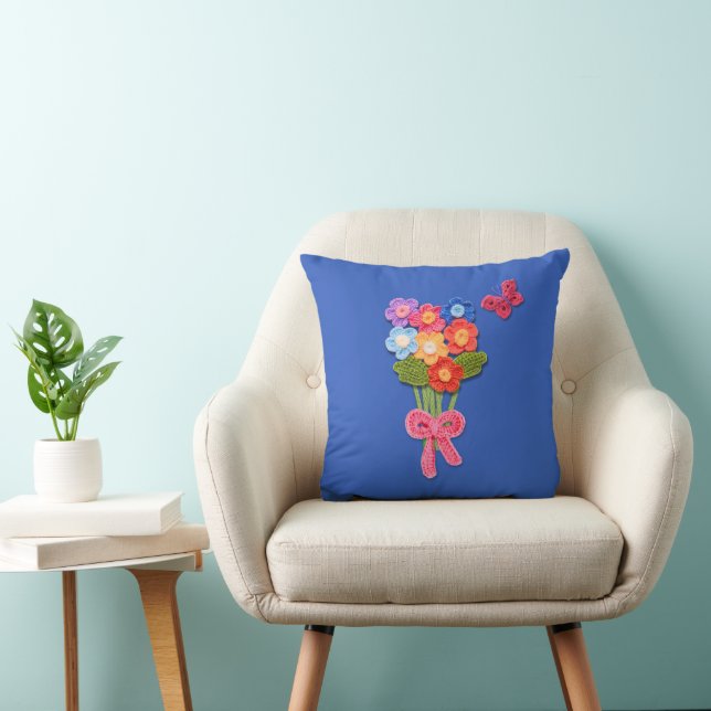 Crochet Flowers Butterfly and Bow  Throw Pillow (Chair)