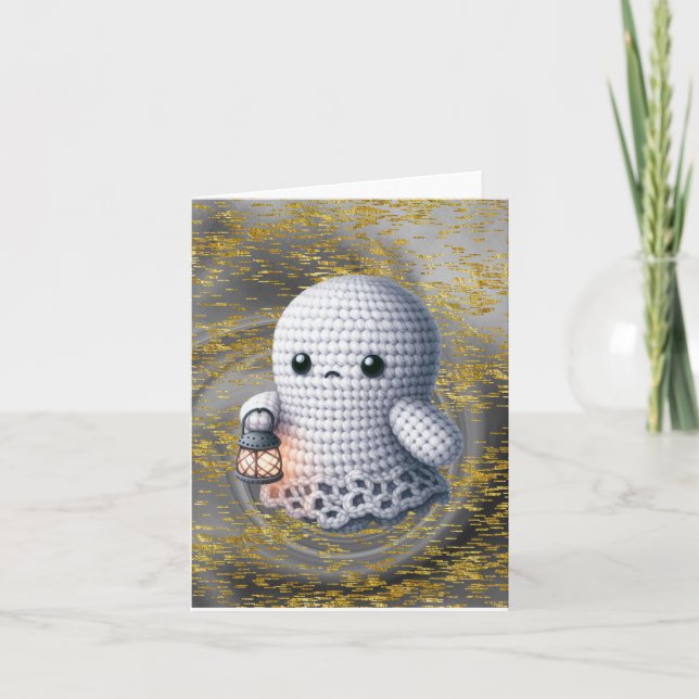 Crochet Ghost With Lantern Blank Thank You Card (Front)