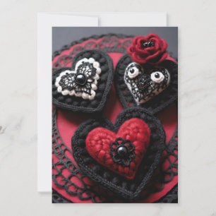 Crochet Gothic Valentine Red & Black Hearts Holiday Card