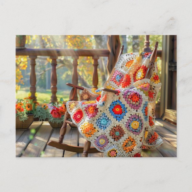 Crochet Granny Square Blanket Lying on a Rocking C Postcard (Front)