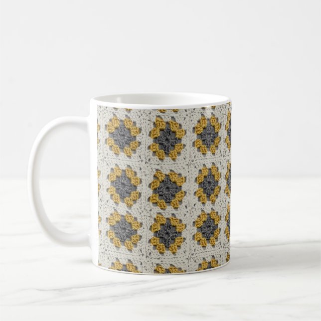 Crochet granny square yellow and gray coffee mug (Left)