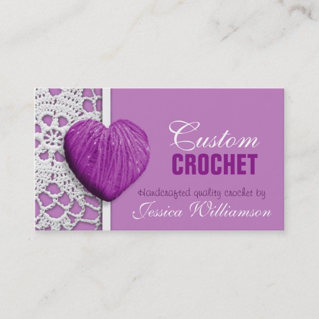 Crochet - Heart Shaped Yarn Purple Business Cards (Front)