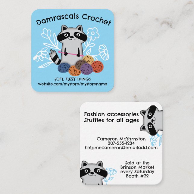 Crochet hook balls of yarn cute raccoon square business card (Front/Back)