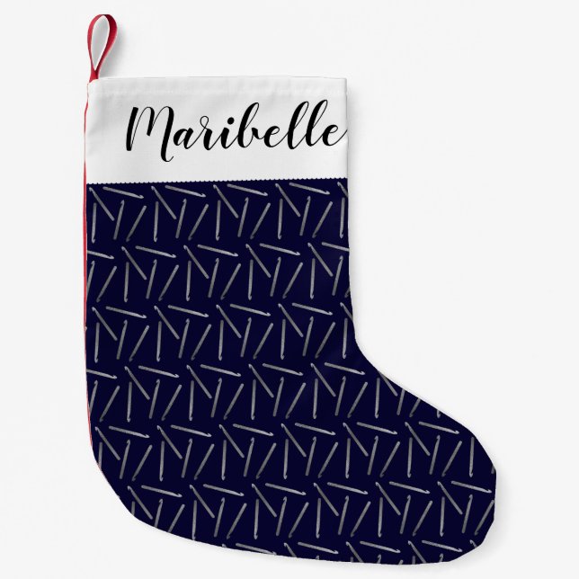 Crochet Hooks Print + Name Faux Silver Navy Crafts Small Christmas Stocking (Front)