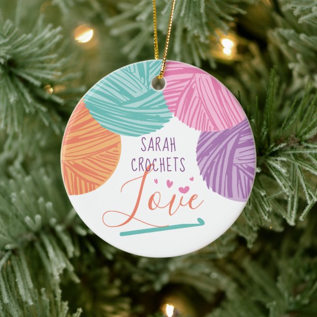 Crochet hooks yarn love personalized Christmas Cer Ceramic Ornament (Tree)