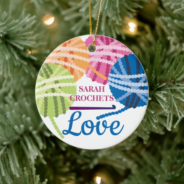 Crochet hooks yarn love personalized Christmas Ceramic Ornament (Tree)